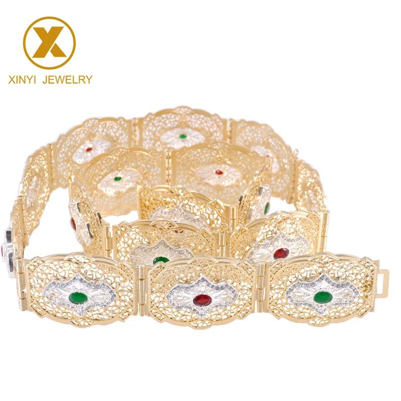 

2019 latest Moroccan design gold and silver mixed color waist chain colored rhinestone belt for ladies party bride wedding belt