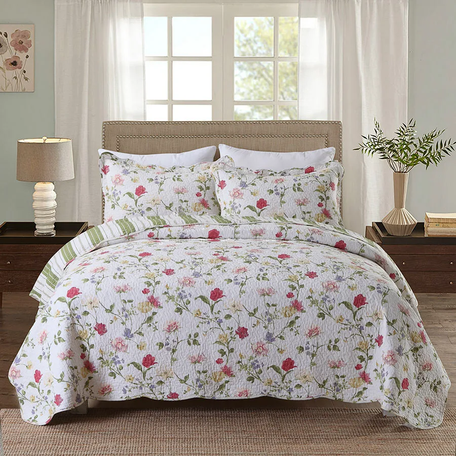 

CHAUSUB New Washed Cotton Quilt Set 3PCS Quilted Bedspread Floral Printed Quilts Bed Cover King Size Coverlet Pillowcase Bedding