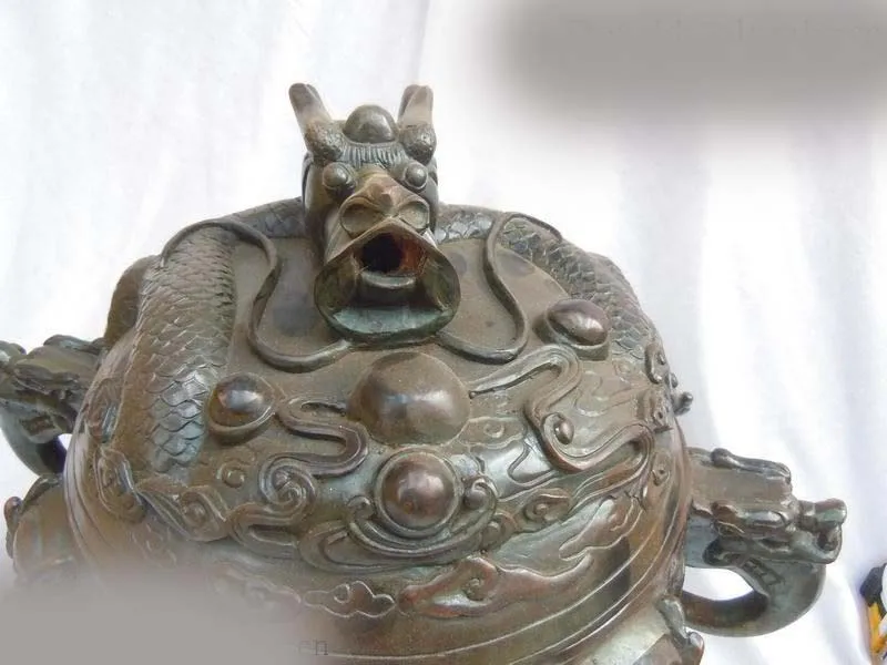 

11 Inch China bronze copper carved nine dragon Incense Burner Sculpture Statue (D0426)