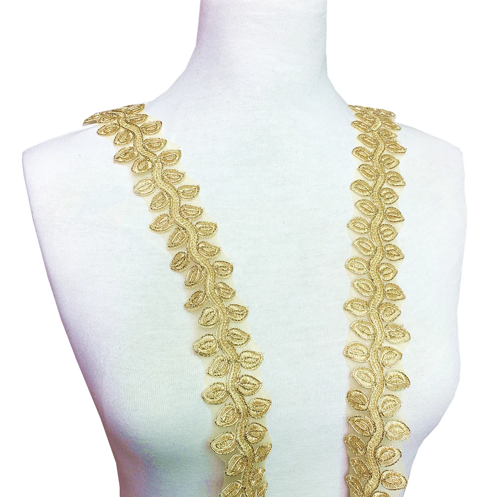 

15yard 4cm Embroidered Leaf Lace Trim Gold Cord Trim Bridal Veil Trim Embroidery Applique Lace Wedding Dress Accessories TR0006