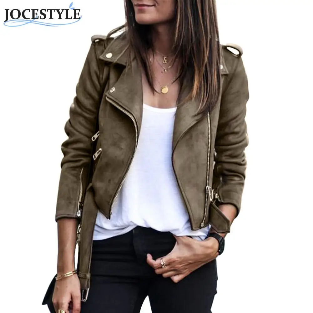 

Autumn Spring PU Faux Leather Women Jacket Tops Solid Basic Suede Jackets Ladies Basic Female Coat Short Motorcycle Streetwear
