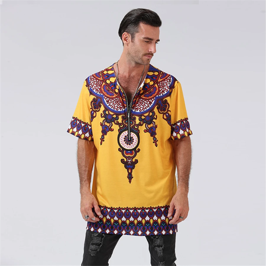 BAIBAZIN African dashiki men ethnic style printed round neck short sleeve green T-shirt tops men