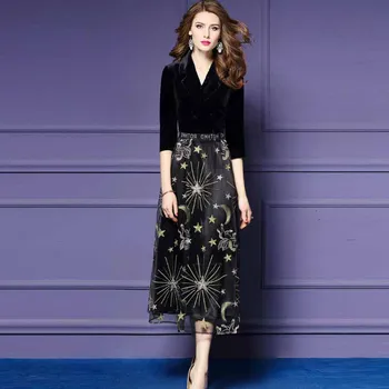 

Womens Lady Dress Spring Autumn European Female Clothing Long Sleeve High-Waist V-Neck Embroidery Dress Free Shipping Fit Office