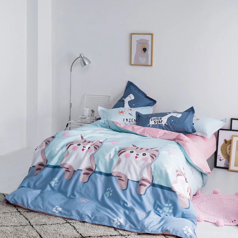 

Lovely Cotton Cat Bedding Set 4pcs Cartoon Blue Duvet Cover Bed Sheet Bed Linen Pillowcases
