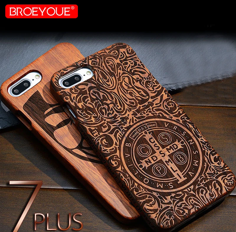 

BROEYOUE Case For iPhone 6 6S 7 8 Plus X Natural Wooden Custom Carving Design Cases For iPhone 8 Hard Coque Case For iPhone X