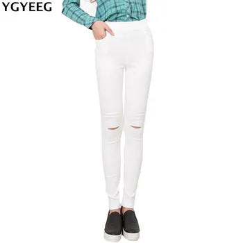 

YGYEEG Summer Style Black Hole Torn Leggings Women's Pants High Waist Femme For Women Skinny White Casual Pants High Quality