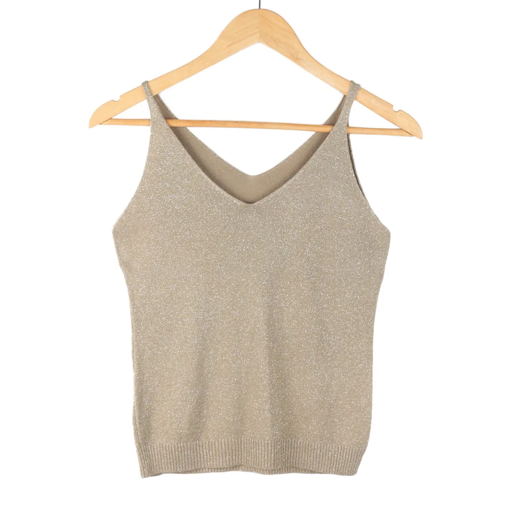 

Sexy Knitted Tank Top Women Crop Top Vest Sequined V-Neck Long Crop Tops Solid Silver Camis Strapless Streetwear