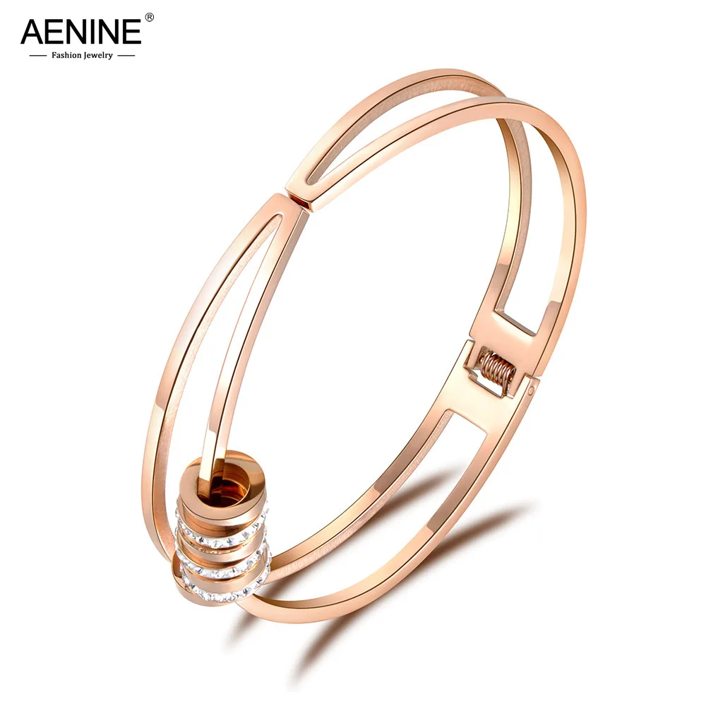 

AENINE Trendy Rose Gold Stainless Steel Movable Circles CZ Crystal Cuff Bangles Bracelets Lovers Jewelry Chirstmas Gift AB18065
