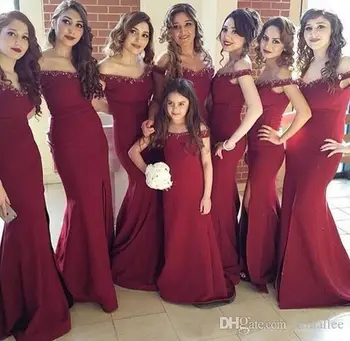 

Cheap Long Chiffon Burgundy Bridesmaid Dress 2018 Beaded Mermaid Off Shoulder Wedding Party Dress Maid of the Honor Gown