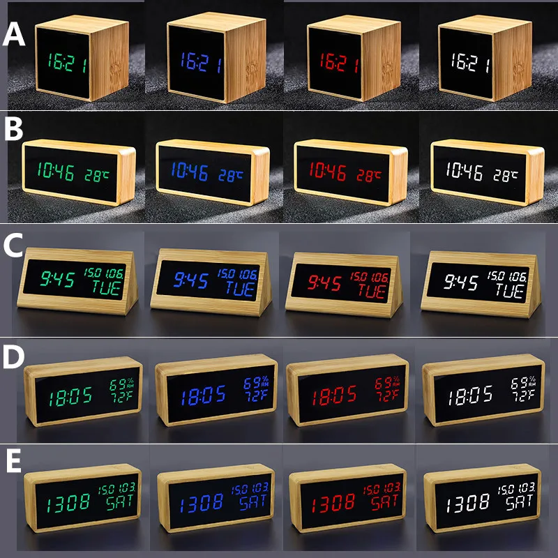Бамбук светодиодный будильники Температура электронные часы звуки Управление деревянные настольные часы Регулируемый Яркость Повтор