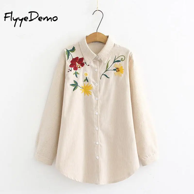 Baratos 6XL Floral pájaro bordado rayas Blusa mujeres camisa de manga larga algodón Casual Blusa más tamaño kimono Tops Oficina Blusas 2018