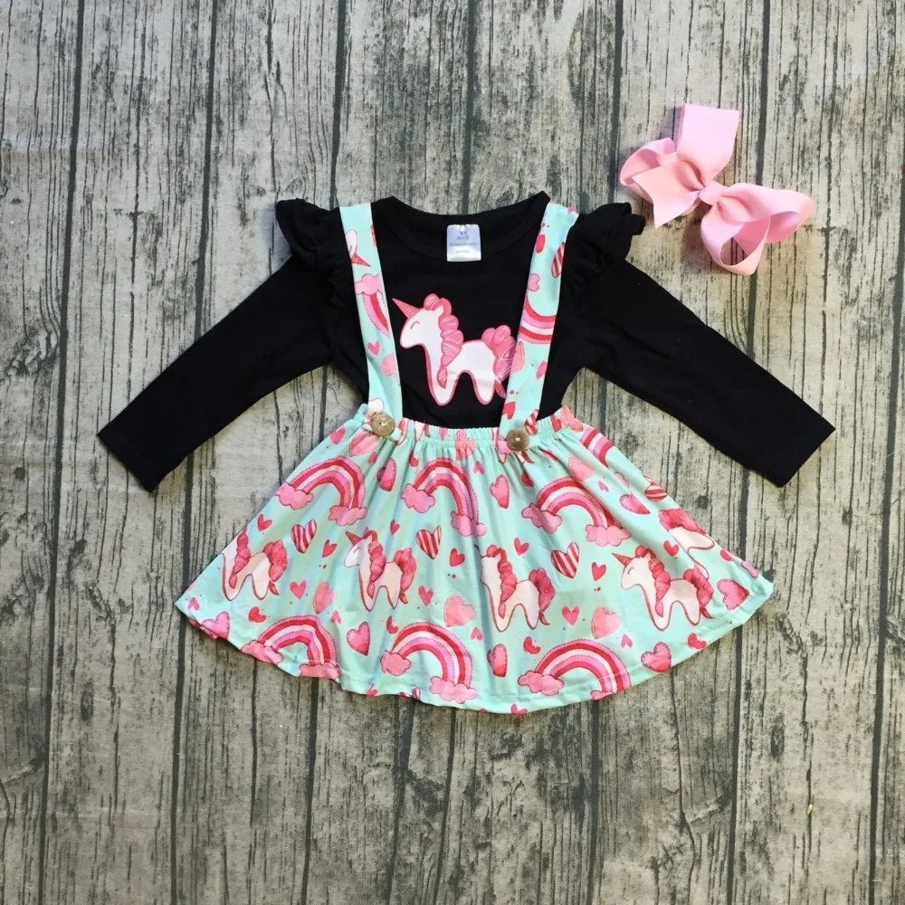 

spring/winter baby girls clothes cotton halter top black top pink unicorn Button Straps dress boutique ruffles match clip bow