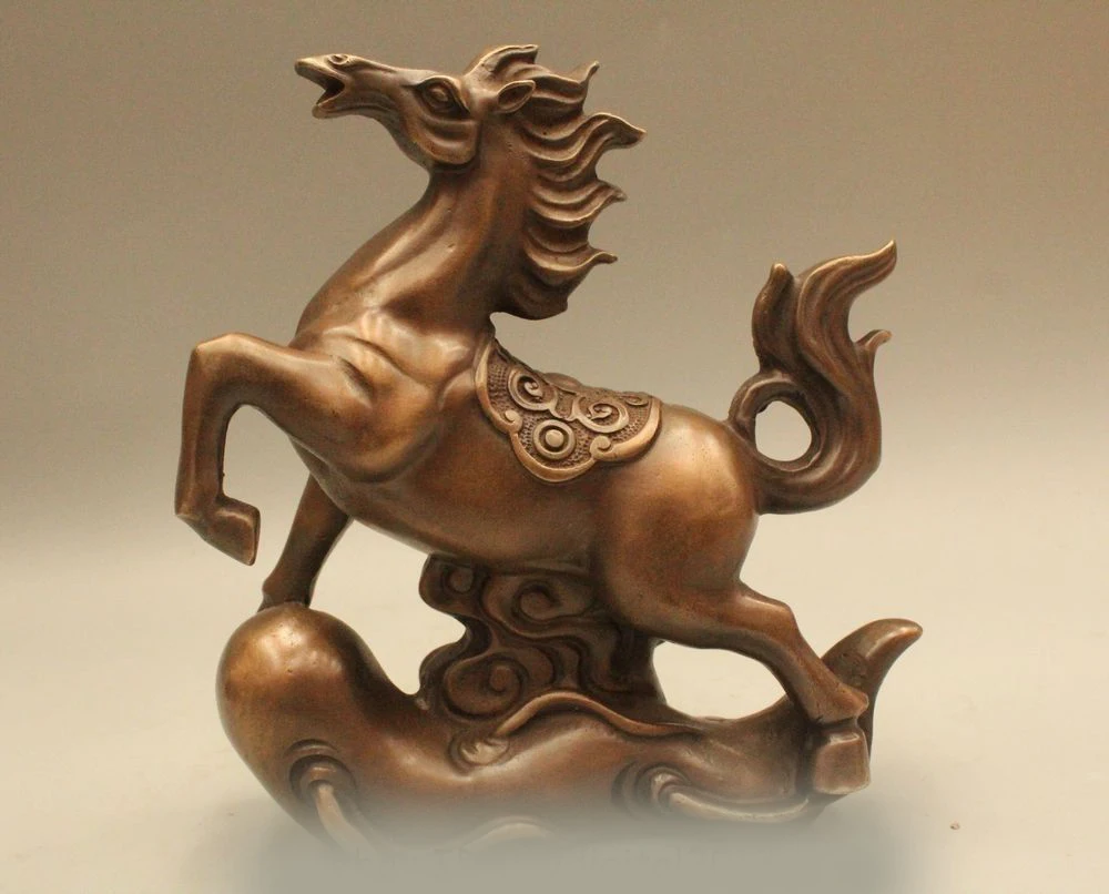 

DS 8" China Folk Feng Shui Bronze Wealth Zodiac Year Horse Ginseng Success Statue