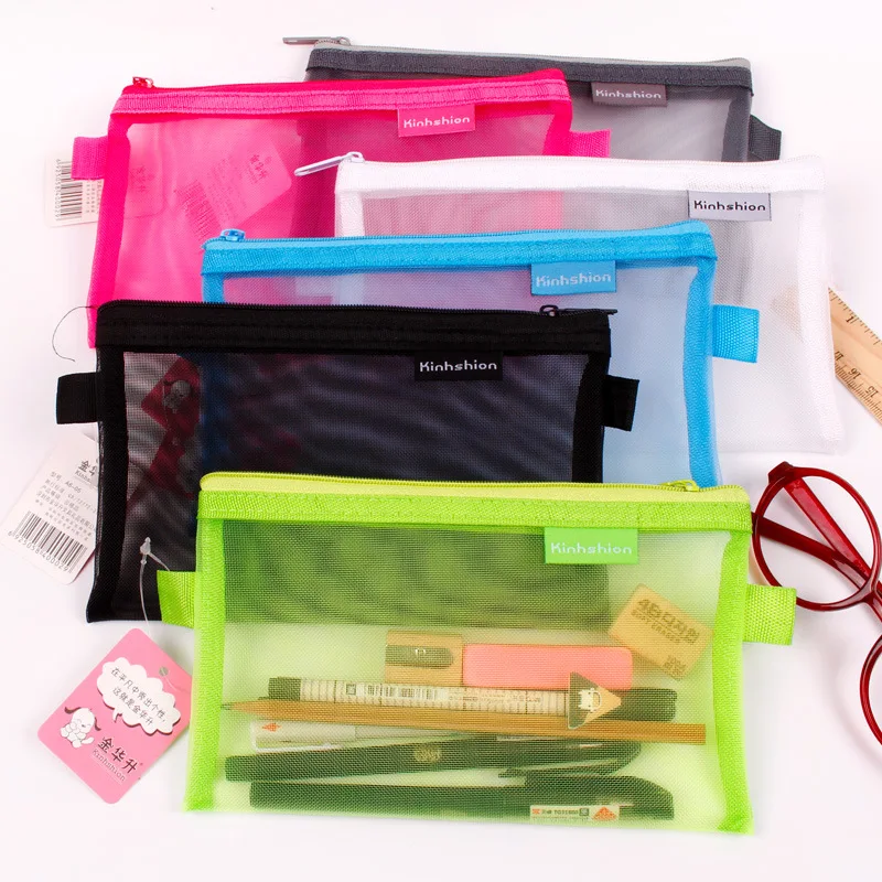 1 PcTransparent Grid Zipper Pen Bag Pencil Case Storage Package for Grils Korean Stationery School Supplies