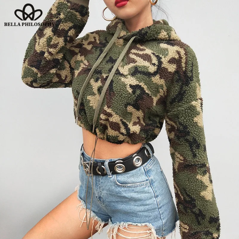 

Wonder Retro Pullover Camo Hoodies Loose Thick Warm Teddy Coat Lamb Fluffy Faux Fur Hooded Streetwear Sweatshirt Tops 2019 new