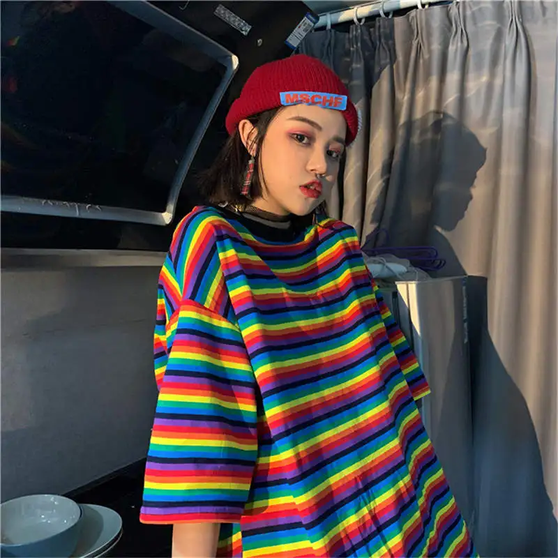Neploe 2020 Women TShirts Rainbow Striped Tee Shirts O-neck Harajuku Loose T Shirt Woman Clothes Short Sleeve BF Tshirts 38094