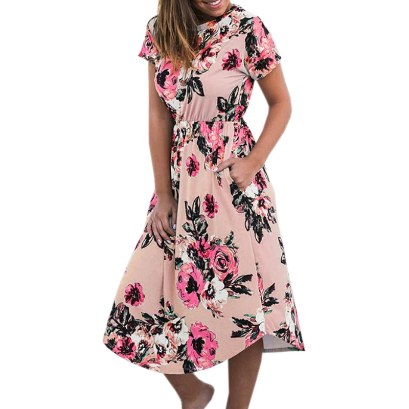 

2018 Summer Women Bohemia Pleated Mid-Calf Dress Female Short Sleeve Elegant Party Dress Boho Floral Printed Dresses GV879