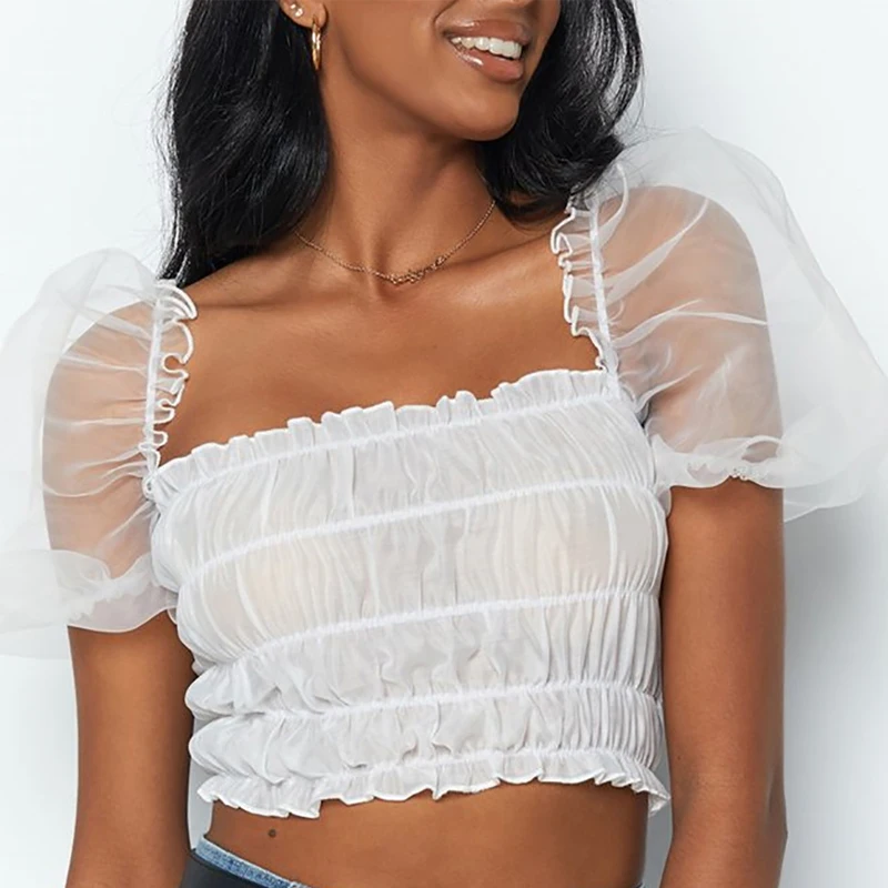 

Streetwear Mesh Short Sleeve White Blouse Women 2019 Summer Pleated Square Collar Ladies Ruched Top Shirts Casual blusas mujer