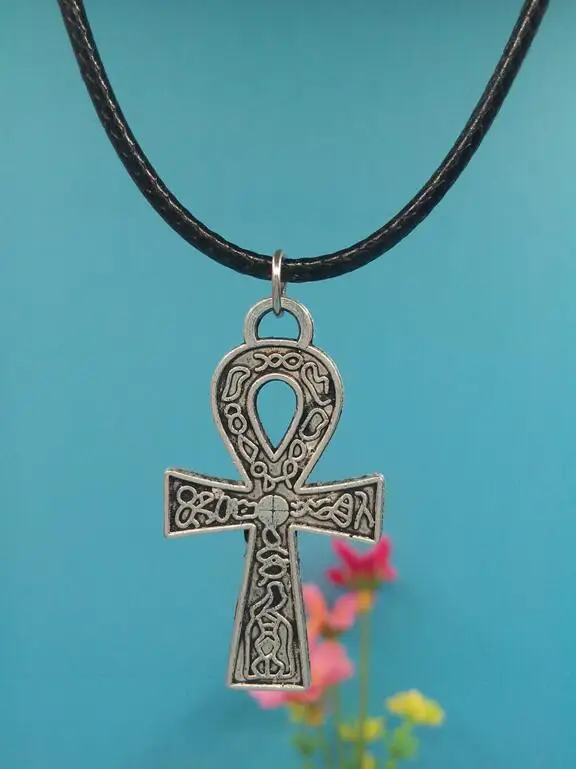 

37X21MM Carved Egyptian Ankh Cross Pendant Necklace Vintage Ancient Silver Charms Necklace Fashion Jewelry Gift Wax Leather Cord