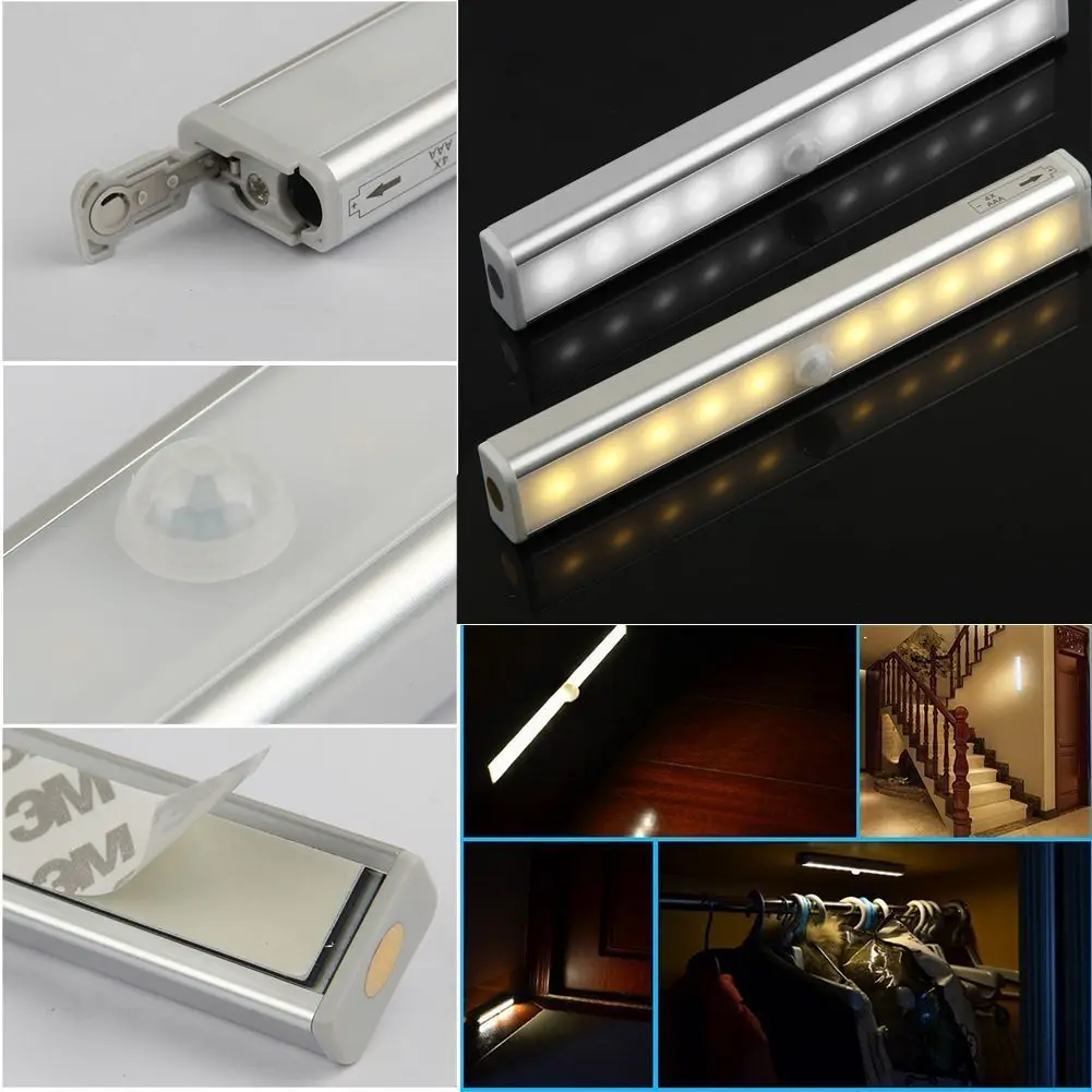 Аккумуляторная батарея/USB беспроводной датчик движения аварийный ночной Светильник s Теплый/белый 300lm 10 светодиодов бар светильник с магнитной полосой