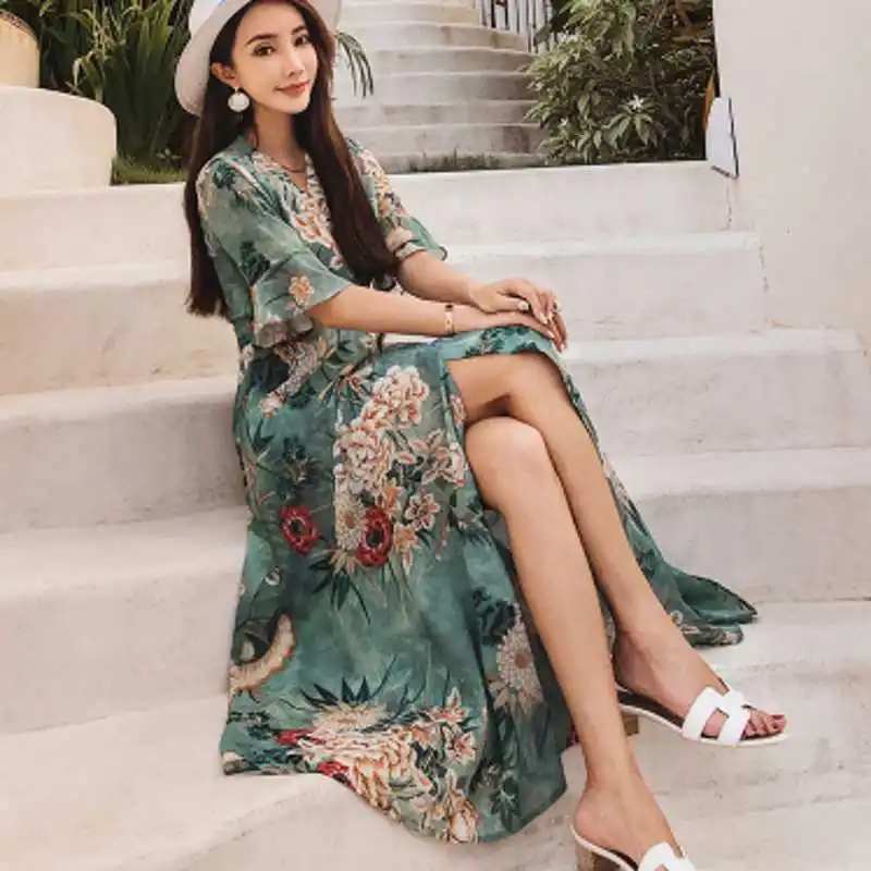 

2019 New Summer Fashion Women Bohemian Style Sexy V-neck Printing Chiffon Split Beach Dress robe femme vestidos