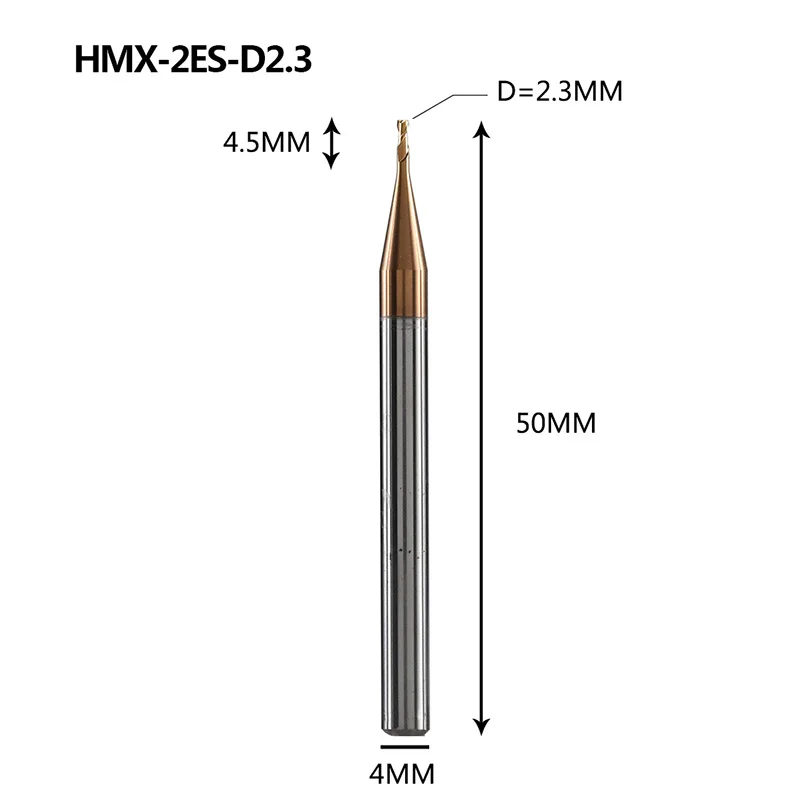 HMX-2ES твердосплавная 2 Флейта с нано покрытием крошечная Квадратная Головка Концевая фреза Фрезерный резак режущие инструменты для закаленной стали HRC68 - Длина режущей кромки: HMX-2ES-D2.3
