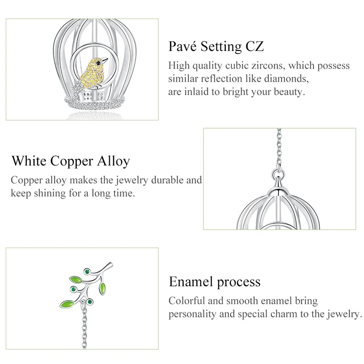 BISAER Птица Ювелирные изделия Серебряный цвет клетка для птиц Женская Длинная цепочка Висячие серьги для женщин Роскошные ювелирные изделия EHE003