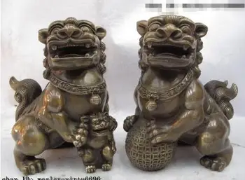 

YM 306 Chinese Copper Bronze Carved Evil spirits Foo Dog guard Lion kylin Kirin Pair