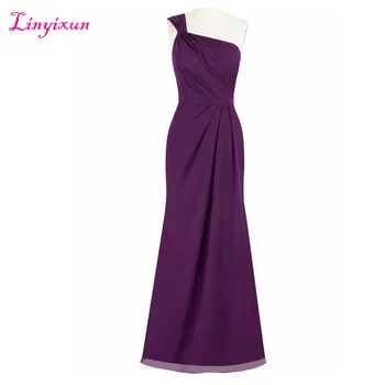 

Linyixun Real Photo Cheap Chiffon Prom Dresses 2017 One Shoulder Sleeveless Pleat Long Evening Gowns Custom vestido de festa