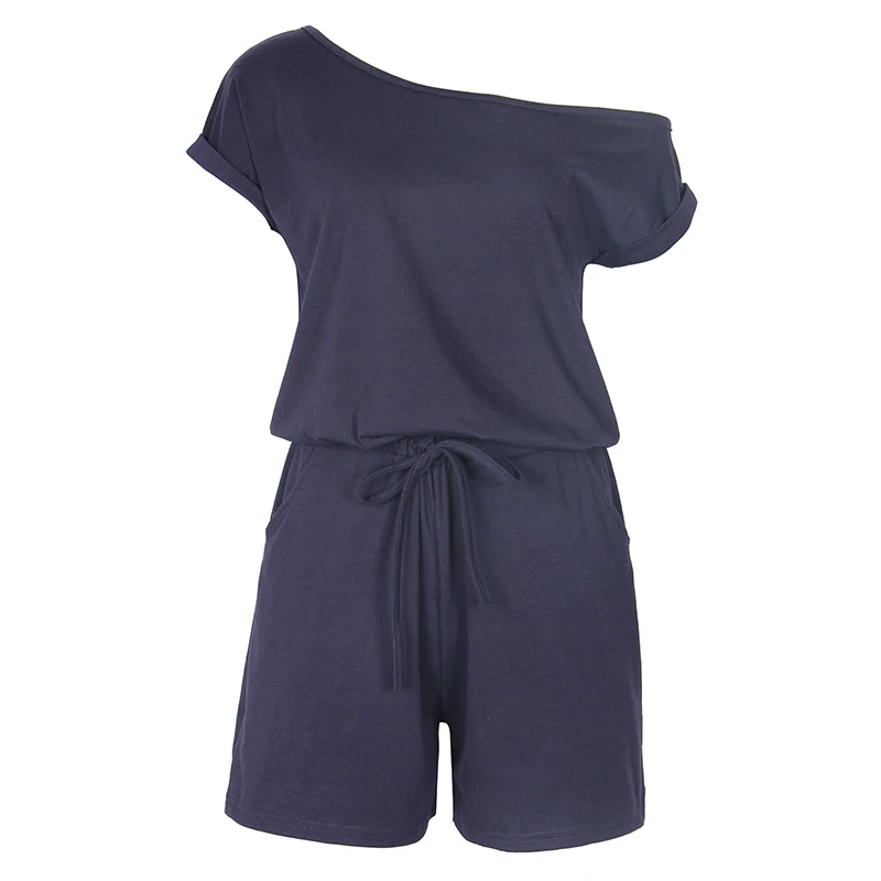 Короткий рукав сплошной костюм пляжного типа с карманами летние женские комбинезоны короткий комбинезон с широкими штанами Feminino комбинезон Повседневная летняя одежда GV155 - Цвет: Navy Blue