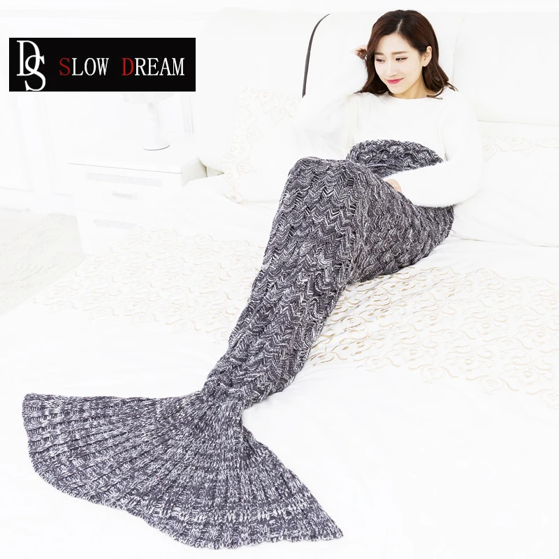 

SLOWDREAM Knitted Mermaid Tail Blanket Gray Throw Autumn Winter Plain Warm Blanket Child Adult Bedspread Sofa Bed Cover Quilt