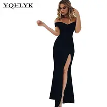 

Sexy Bare shoulder summer Women dress Solid V-Neck tight Show thin Party Dress Temperament Side Split Women Long Dress