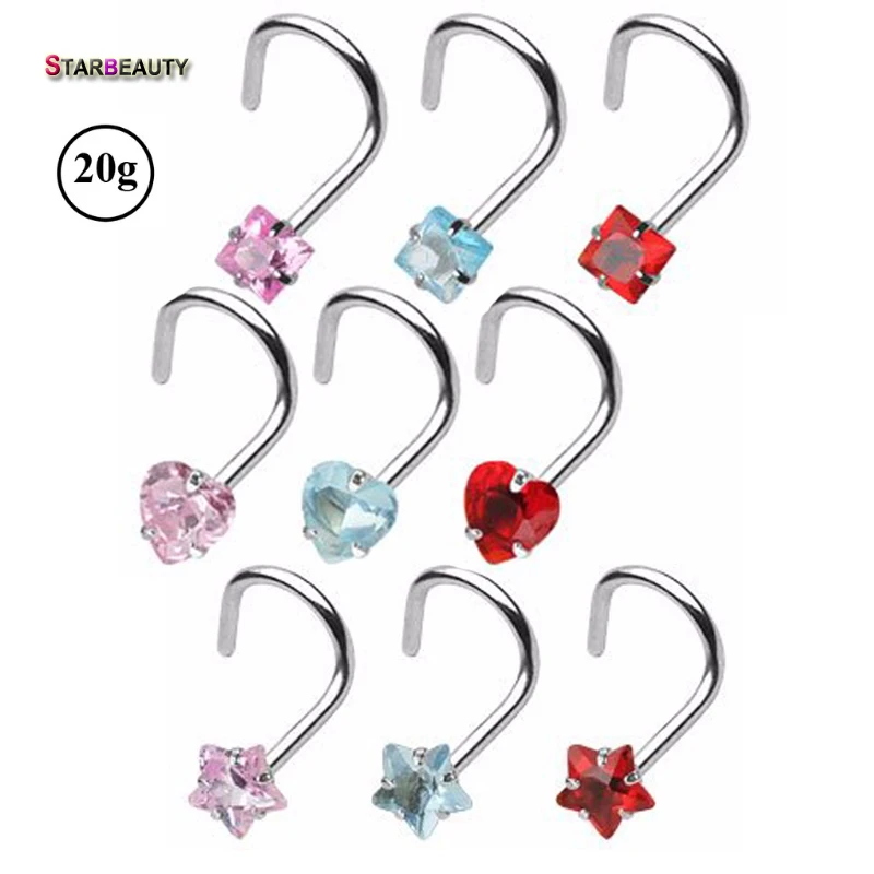 

2Pcs Mix Color Star&Heart&Square Zircon Gem Prong Set Screw Twist Curve 20G Nose Screw Rings Piercing Nose Studs Body Jewelry