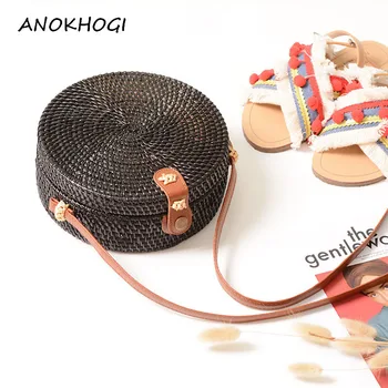 

Black Vintage Handmade Rattan Circle Bags Ladies Beach Summer Straw Woven Shoulder Bag Women Retro Rattan Crossbody Bags B311