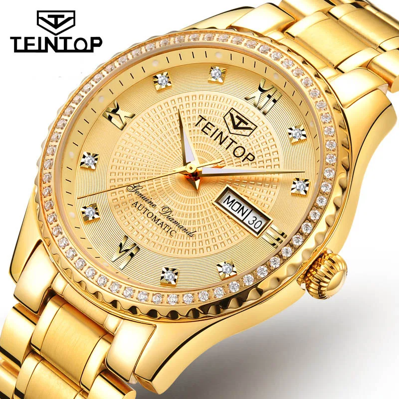 TEINTOP модные автоматические женские часы, золотые полностью стальные механические часы с бриллиантами, женское платье, relojes femeninos - Цвет: Gold Men
