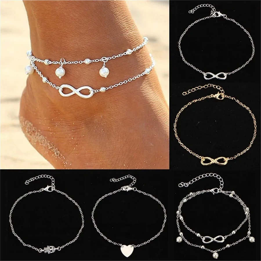 Fashion Heart Ankle Bracelet Pearl Infinity Alloy Leg Bracelet Anklet