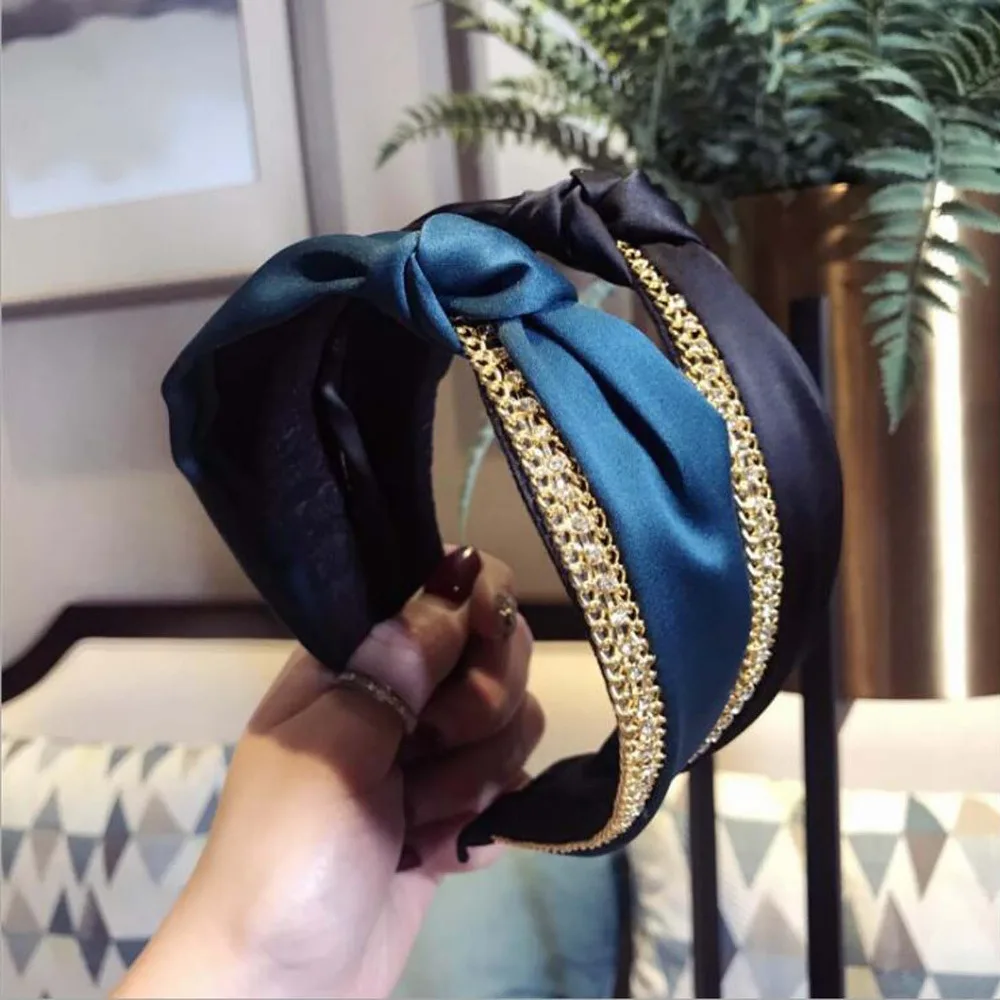 

New Wide Rhinestone Side Hairband For Women Bohemia Headband Silks&Satins Patchwork Hair Accessories Fresh Hair Hoop Stripe