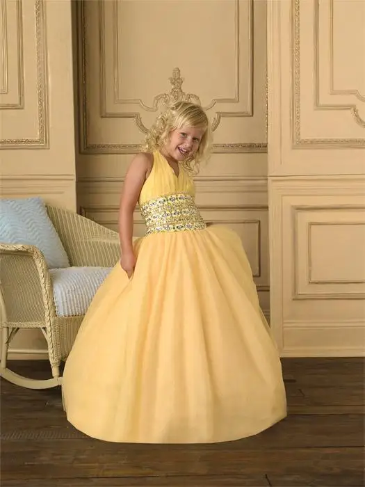 2016 Prinses Geel Halter Rijk Bloem Meisje Jassen Kristallen Baljurk Volledige lengte Backless V-hals Eerste Communie Toga Custom