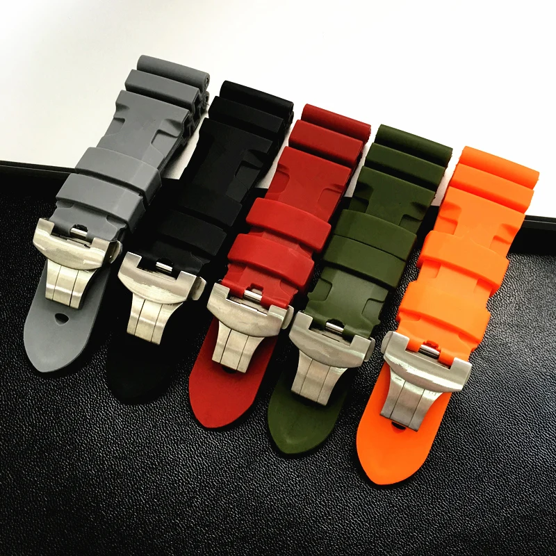 

Top Quality 24mm 26mm Black Gray Green Orange Red Silicone Rubber Watchbands For Panerai Pam Bracelet Butterfly buckle Strap