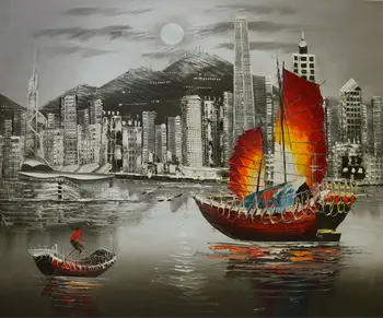 

Hand Painted Oil Canvas Painting Hong Kong's Victoria harbour view Painting Wall Art Pictures for Living Room