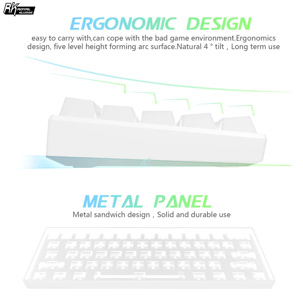  RK RK61 Mechanical Gaming White Keyboard Wireless Bluetooth 60% Keyboards 61 Keys RGB Backlit Backl