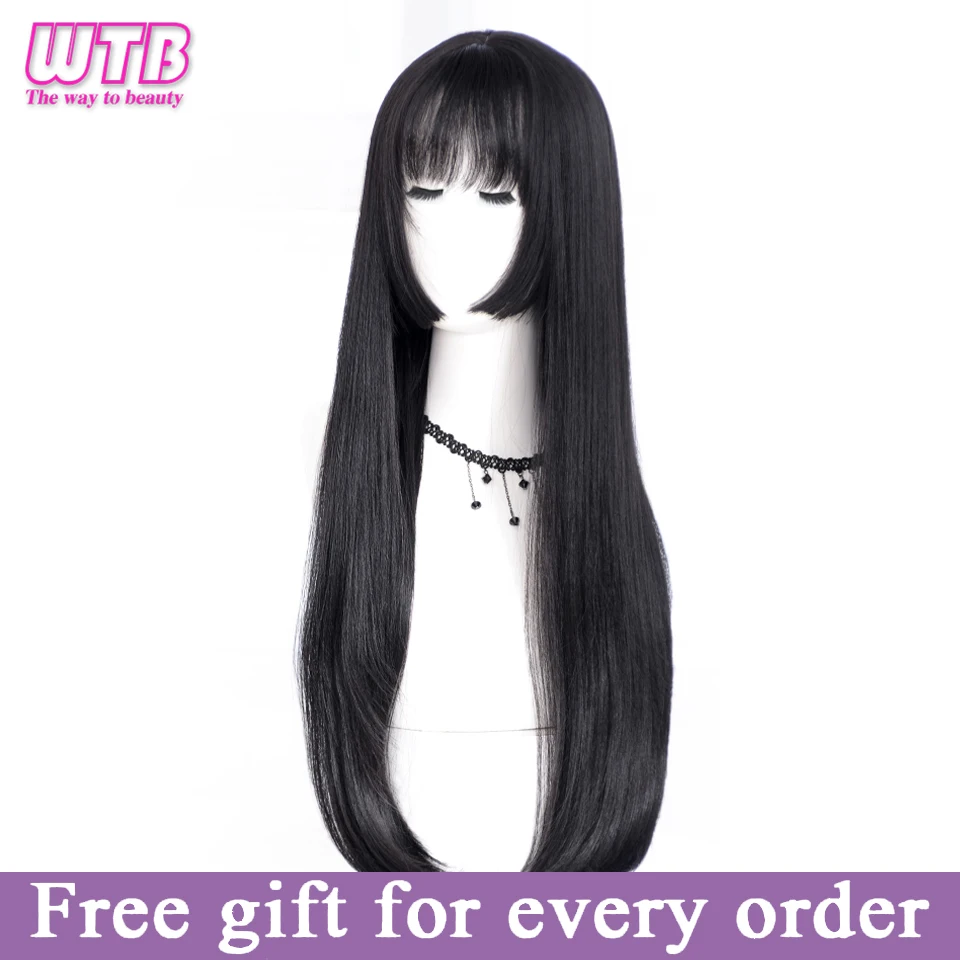 Pelucas sintéticas negras de pelo lacio largo WTB para mujer moda femenina Cosplay fiesta pelucas de Navidad regalos gratis Pelucas sintéticas negras de pelo lacio largo WTB para mujer moda femenina Cosplay fiesta pelucas de Navidad regalos gratis