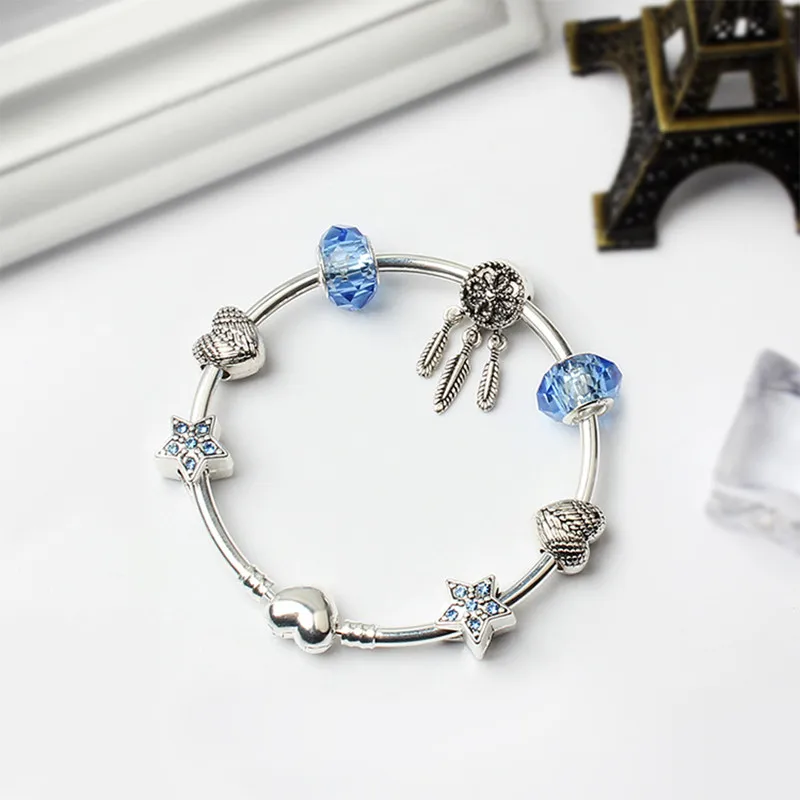 

Heart Shaped Blue Stars Beads Creative Bracelet Jewelry Gift Accessories 925 Sterling Silver Bracelet for Women Jewelry