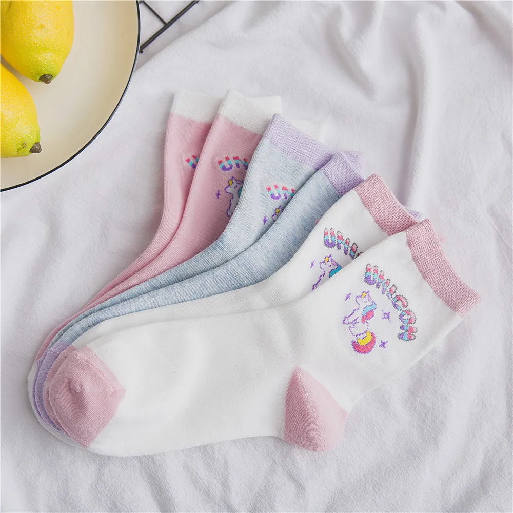 Adult Size Unicorn Socks Girly Girl Ulzzang Harajuku Rainbow Stars Cartoon College Animal Horse Macaroon Horn Dusk Purple Taro