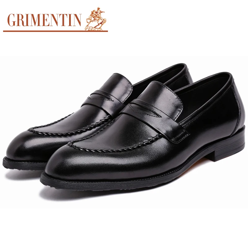 

GRIMENTIN brand Italian mens shoes genuine leather black slip on male shoes men for business wedding 2017 summer SH27