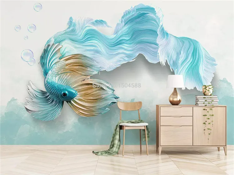Фото обои современный 3D абстрактный синий павлин рыбы росписи гостиная ТВ диван задний план обоями для стен 3 D домашний декор