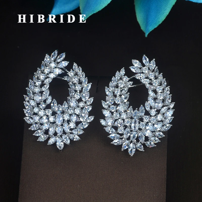 

HIBRIDE Luxury Marquise Cut Clear Cubic Zironia White Gold Color Stud Earrings For Women Jewelry Boucle d'oreille E-735