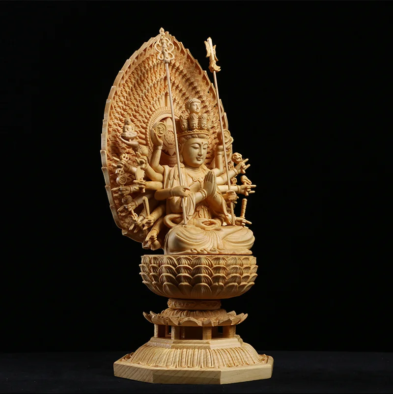 Japan Carving Buddha Statue Guanyin and The Thousand Arms Goddess Western Trinity Solid Wood Feng Shui Buda Statues for Decors