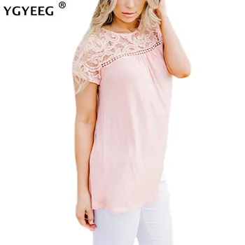 

YGYEEG 2019 Women Summer Lace Blouses O-Neck Short Sleeve Hollow Out Blouse Loose Tops Black Navy Blue Pink Shirt Women Clothing