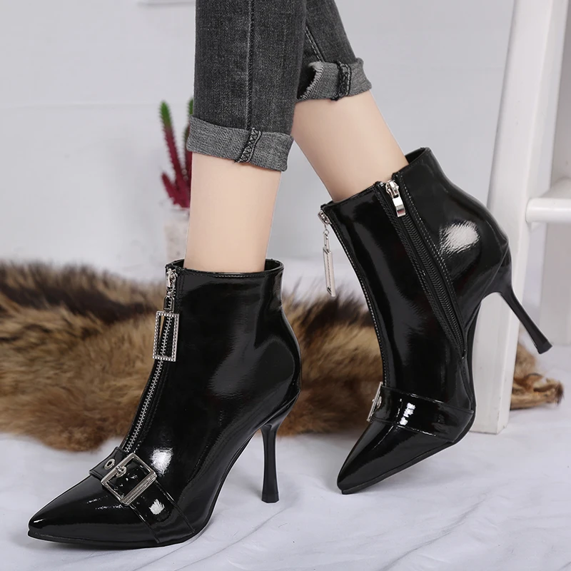 

Lucyever Women Patent Leather Ankle Boots Fashion Pointed Toe Thin High Heels Party Booties Front Zip Buckle Ladies Shoes